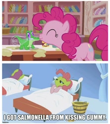 Size: 943x1058 | Tagged: safe, edited screencap, screencap, gummy, pinkie pie, alligator, earth pony, pony, applebuck season, the lost treasure of griffonstone, bad end, cherry punch, comic, female, green face, mare, reality ensues, salmonella, screencap comic, sick