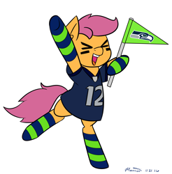 Size: 1280x1300 | Tagged: safe, artist:melodicmarzipan, scootaloo, american football, clothes, nfl, seachicken, seattle seahawks, simple background, socks, solo, striped socks, white background