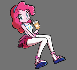 Size: 1100x1000 | Tagged: safe, artist:rvceric, pinkie pie, human, better together, equestria girls, clothes, cute, diapinkes, drink, drinking, female, gray background, legs, simple background, soda, solo, straw