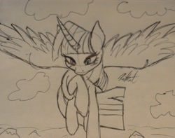 Size: 2151x1698 | Tagged: safe, artist:katkathasahathat, derpibooru import, twilight sparkle, twilight sparkle (alicorn), alicorn, pony, cloud, flying, monochrome, simple background, sky, solo, traditional art, transparent background