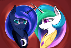 Size: 2688x1806 | Tagged: safe, artist:renarde-louve, princess celestia, princess luna, alicorn, pony, blushing, duo, female, mare, royal sisters, siblings, sisters