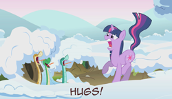 Size: 1280x738 | Tagged: safe, derpibooru import, edit, edited screencap, screencap, twilight sparkle, unicorn twilight, pony, snake, unicorn, winter wrap up, animal, burrow, caption, female, flipped, hug, image macro, mare, meme, open mouth, ophidiophobia, raised tail, rupert, scared, screaming, skin horse, snow, tail