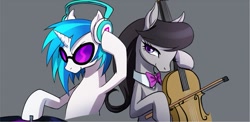 Size: 957x467 | Tagged: safe, artist:murai shinobu, dj pon-3, octavia melody, vinyl scratch, earth pony, pony, unicorn, cello, duo, female, headphones, looking at you, mare, musical instrument, simple background