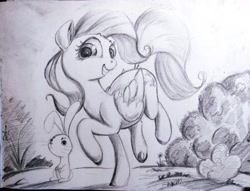 Size: 3875x2964 | Tagged: safe, artist:ponsce, angel bunny, fluttershy, pegasus, pony, black and white, female, grayscale, mare, monochrome, smiling, traditional art