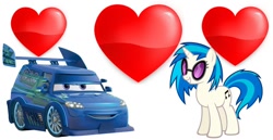 Size: 1024x529 | Tagged: safe, artist:jawsandgumballfan24, dj pon-3, vinyl scratch, pony, unicorn, car, cars (pixar), crossover, crossover shipping, dj (cars), heart, shipping, simple background, white background