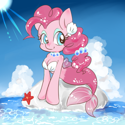 Size: 2000x2000 | Tagged: safe, artist:grimbloody, pinkie pie, seapony (g4), breasts, cloud, female, misplaced boobs, scenery, seaponified, seapony pinkie pie, sky, solo, species swap, water