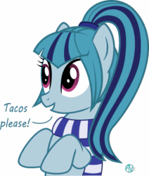 Size: 677x800 | Tagged: safe, artist:arifproject, derpibooru exclusive, sonata dusk, pony, animated, arif's wide eyes pone, blue, clothes, cute, dialogue, eye shimmer, food, gif, hnnng, ponified, scarf, simple background, solo, sonatabetes, sonataco, taco, vector, white background, wide eyes