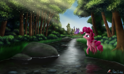 Size: 3653x2205 | Tagged: safe, artist:pony-stark, pinkie pie, earth pony, pony, female, forest, mare, river, scenery, solo, water