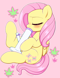 Size: 2104x2705 | Tagged: safe, artist:moozua, fluttershy, pegasus, pony, blushing, bong, drugs, eyes closed, female, flutterhigh, high, mare, marijuana, marijuana leaf, solo