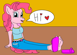 Size: 1014x732 | Tagged: safe, artist:logan jones, pinkie pie, anthro, human, barefoot, clothes, cute, feet, flip-flops, happy, heart, jeans, one shoe off, pants, sandals, soles, speech bubble, toes