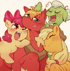 Size: 1039x1049 | Tagged: safe, artist:jirousan, apple bloom, applejack, big macintosh, granny smith, earth pony, pony, adorabloom, apple siblings, blank flank, blushing, brother and sister, cowboy hat, cute, eyebrows visible through hair, eyes closed, family, female, filly, hat, horse collar, jackabetes, macabetes, male, mare, noogie, open mouth, raised hoof, siblings, simple background, stallion, white background