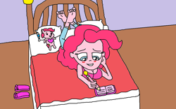 Size: 1135x706 | Tagged: safe, artist:logan jones, pinkie pie, human, equestria girls, barefoot, bed, bedroom, blushing, clothes, crush, diary, feet, female, flip-flops, jeans, pants, pencil, plushie, sandals, soles, solo, toes, writing