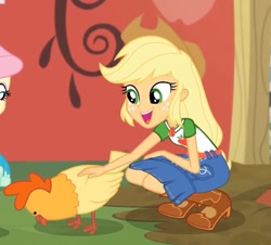 Size: 558x505 | Tagged: safe, screencap, applejack, chicken, better together, equestria girls, fluttershy's butterflies, fluttershy's butterflies: applejack, applejack's hat, cowboy hat, cropped, cute, geode of super strength, hat, jackabetes, magical geodes, petting