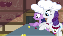 Size: 1920x1080 | Tagged: safe, derpibooru import, screencap, rarity, twilight sparkle, pony, unicorn, the last roundup, cherry, duo, female, food, mare, rarity looking at food, yellow cherry