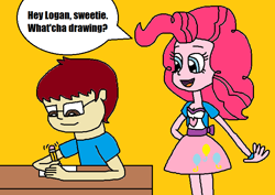 Size: 734x520 | Tagged: safe, artist:logan jones, pinkie pie, oc, oc:logan berry, human, equestria girls, clothes, desk, drawing, female, hey andy sweetie!, loganpie, male, map, parody, pencil, straight