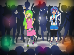 Size: 2000x1500 | Tagged: safe, artist:kathara_khan, dj pon-3, lemon zest, vinyl scratch, equestria girls, armpits, belly button, blushing, choker, clothes, converse, crush, crystal prep shadowbolts, dancing, devil horn (gesture), dress, ear piercing, earring, female, headphones, jacket, jewelry, kisekae, knees weak, leggings, lemonscratch, lesbian, love at first sight, midriff, party, piercing, shipping, shoes, shorts, shut up and dance, silhouette, sneakers, socks, spiked choker, spiked wristband, striped socks, sunglasses, tanktop, walk the moon, wristband