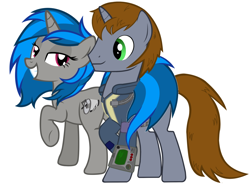 Size: 1356x1024 | Tagged: safe, oc, oc only, oc:homage, oc:littlepip, pony, unicorn, fallout equestria, 1000 hours in ms paint, bedroom eyes, clothes, fanfic, fanfic art, female, half r63 shipping, horn, hug, male, mare, ms paint, oc x oc, pipbuck, pipmage, raised hoof, rule 63, shipping, simple background, stallion, straight, tail hug, vault suit, white background