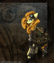 Size: 920x1084 | Tagged: safe, artist:nastylady, carrot top, golden harvest, earth pony, pony, abstract background, clothes, female, goggles, hair over one eye, mare, smiling, smirk, solo, steampunk