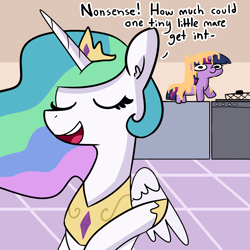 Size: 2250x2250 | Tagged: safe, artist:tjpones, part of a set, princess celestia, twilight sparkle, unicorn twilight, alicorn, pony, unicorn, batter, deep frier, dialogue, em dash, female, food, jewelry, mare, regalia, twiggie