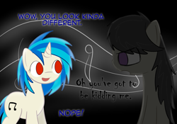 Size: 1143x801 | Tagged: safe, artist:erthilo, dj pon-3, octavia melody, vinyl scratch, earth pony, pony, unicorn, ask octavia, discorded, duo, duo female, female, mare, no pupils, wrong eye color