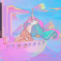 Size: 3200x3200 | Tagged: safe, artist:alumx, princess celestia, alicorn, pony, balcony, clothes, cloud, coffee, glowing horn, hand, horn, magic, magic hands, morning ponies, robe, sky, solo