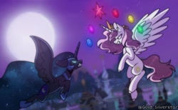 Size: 640x394 | Tagged: safe, artist:gold_silverstar, nightmare moon, princess celestia, alicorn, pony, angry, duo, element of generosity, element of honesty, element of kindness, element of laughter, element of loyalty, element of magic, elements of harmony, female, flying, full moon, mare, moon, night, pink-mane celestia, sky, this will end in banishment, younger