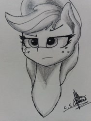 Size: 1024x1365 | Tagged: safe, artist:ironbeastz, applejack, earth pony, pony, bust, monochrome, portrait, solo, traditional art