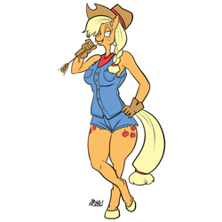 Size: 999x1000 | Tagged: safe, artist:ursa, applejack, anthro, unguligrade anthro, clothes, gloves, looking at you, shorts, solo, thick