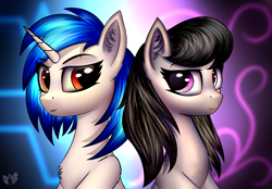 Size: 2300x1600 | Tagged: safe, artist:xeniusfms, dj pon-3, octavia melody, vinyl scratch, earth pony, pony, duo, wrong eye color