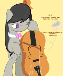 Size: 750x896 | Tagged: safe, artist:erthilo, octavia melody, earth pony, pony, ask, ask octavia, bipedal, bow (instrument), broken, cello, cello bow, female, mare, musical instrument, no pupils, solo, tumblr