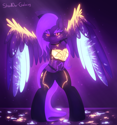 Size: 2000x2150 | Tagged: safe, artist:shad0w-galaxy, fluttershy, pegasus, pony, armpits, blacklight, female, fluffy, glowing mane, k/da, kai'sa, league of legends, neon, paint, purple background, simple background, smiling, solo, standing, video game crossover, wings