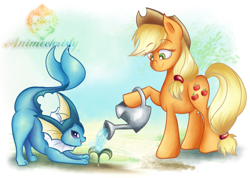 Size: 1024x731 | Tagged: safe, artist:animechristy, applejack, earth pony, pony, cute, face down ass up, female, hoof hold, lidded eyes, looking at something, mare, open mouth, pet, plant, pokémon, raised hoof, smiling, vaporeon, water, watering, watering can