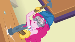 Size: 1280x720 | Tagged: safe, screencap, pinkie pie, better together, constructive criticism, constructive criticism: pinkie pie, equestria girls, geode of sugar bombs, hammer, hard hat, safety goggles