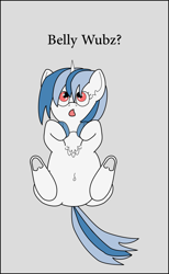 Size: 895x1452 | Tagged: safe, artist:planetkiller, dj pon-3, vinyl scratch, pony, belly button, cute, glasses, looking at you, looking up, on back, presenting, prone, simple background, solo, underhoof, vinylbetes