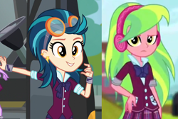 Size: 882x592 | Tagged: safe, derpibooru import, indigo zap, lemon zest, sci-twi, twilight sparkle, equestria girls, clothes, crystal prep academy uniform, goggles, headphones, school uniform