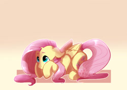 Size: 1280x910 | Tagged: safe, artist:delirious-artist, fluttershy, pegasus, pony, female, floppy ears, folded wings, looking up, mare, prone, solo, three quarter view, wings