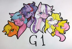 Size: 1024x694 | Tagged: safe, artist:oneiria-fylakas, applejack (g1), firefly, posey, sparkler (g1), surprise, twilight, g1, g1 six, g1 to g4, generation leap, simple background, traditional art, white background