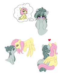 Size: 1112x1312 | Tagged: safe, artist:saphi-boo, fluttershy, marble pie, earth pony, pegasus, pony, alternate hairstyle, blushing, cuddling, female, heart, hug, kissing, lesbian, marbleshy, mare, missing cutie mark, shipping, simple background, smiling, thought bubble, white background, winghug