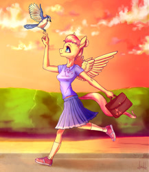 Size: 791x913 | Tagged: safe, artist:dumddeer, fluttershy, anthro, bird, blue jay, pegasus, plantigrade anthro, alternate hairstyle, bag, clothes, female, hair bun, mare, pleated skirt, running, shirt, shoes, skirt, sneakers, socks, solo, sunset