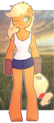 Size: 1052x2391 | Tagged: safe, artist:sl0ne, applejack, anthro, unguligrade anthro, clothes, female, freckles, gloves, haystick, one eye closed, shorts, smiling, solo, tanktop, wink