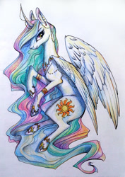 Size: 1062x1500 | Tagged: safe, artist:28gooddays, princess celestia, alicorn, pony, bracelet, colored pencil drawing, ear piercing, earring, female, gradient background, horn, horn jewelry, jewelry, looking at you, mare, piercing, regalia, solo, traditional art