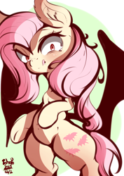 Size: 850x1200 | Tagged: safe, artist:tohupo, fluttershy, bat pony, pony, bat ponified, female, flutterbat, licking, licking lips, mare, race swap, smiling, solo, tongue out