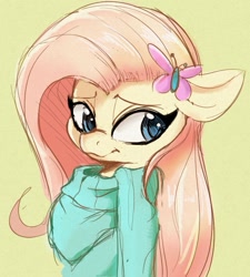 Size: 737x819 | Tagged: safe, artist:tre, fluttershy, butterfly, pegasus, pony, bust, clothes, female, mare, simple background, smiling, solo, sweater, sweatershy