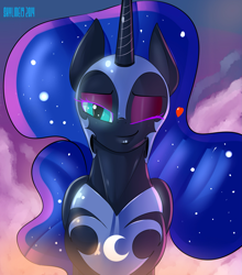 Size: 1687x1917 | Tagged: safe, artist:skyart301, nightmare moon, alicorn, pony, bedroom eyes, female, heart, looking at you, mare, one eye closed, smiling, solo, stupid sexy nightmare moon, wink