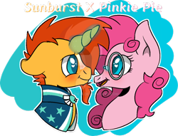 Size: 1024x781 | Tagged: safe, artist:rosiepie15, pinkie pie, sunburst, earth pony, pony, blushing, cloak, clothes, crack shipping, female, glasses, heart eyes, male, pinkieburst, shipping, simple background, straight, transparent background, wingding eyes