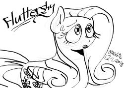 Size: 1180x845 | Tagged: safe, artist:mushroomcookiebear, fluttershy, pegasus, pony, monochrome, solo, sweat, sweatdrop