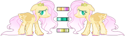 Size: 2548x744 | Tagged: safe, artist:kookiechanxwx, fluttershy, pegasus, pony, alternate design, reference sheet, simple background, solo, transparent background