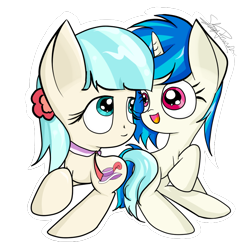 Size: 800x800 | Tagged: safe, artist:upsidedownpanda, coco pommel, dj pon-3, vinyl scratch, pony, unicorn, chibi, cocoscratch, cute, female, lesbian, shipping, simple background, transparent background