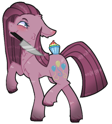 Size: 623x686 | Tagged: safe, artist:inkyy-kiwi, pinkie pie, earth pony, pony, fanfic:cupcakes, cupcake, female, food, implied murder, implied rainbow dash, knife, mare, mouth hold, ms paint, pinkamena diane pie, rainbow cupcake, simple background, solo, transparent background