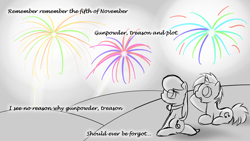 Size: 1000x563 | Tagged: safe, artist:erthilo, dj pon-3, octavia melody, vinyl scratch, earth pony, pony, unicorn, ask octavia, female, fireworks, guy fawkes day, mare, no pupils, prone, sitting